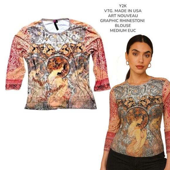 Y2K VTG. MADE‎ IN USA ART NOUVEAU ALL OVER PRINT  NU CONSTRUCTION TOP MEDIUM EUC - Picture 1 of 9